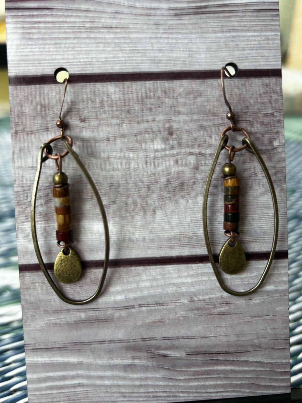Brass Oval Hoop Earrings with Earth Tone Beads - New